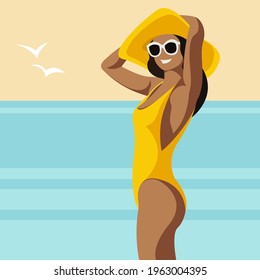vector flat design trendy illustration on the theme of summer holidays.a tanned young smiling girl in a yellow swimsuit, sunglasses and a hat stands on a beach against the backdrop of the sea or ocean