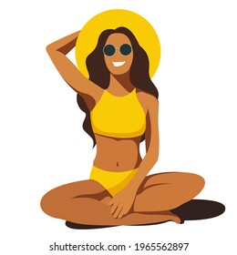 vector flat design trendy illustration on the theme of summer holidays. tanned young smiling girl in yellow swimsuit,sunglasses and hat sits in lotus position on the beach isolated on white background