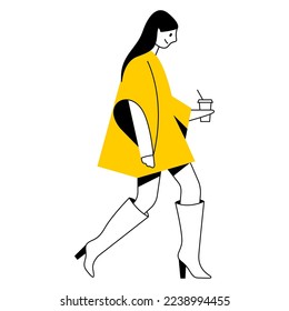 vector flat design trendy linear image beautiful stylish woman in autumn or winter warm clothes walking down the street. street style, fashion. useful for web, graphic design, print, card, poster