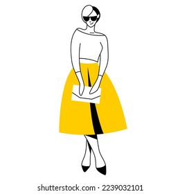 vector flat design trendy linear illustration beautiful stylish woman in long midi skirt. street style, fashion. useful for web, graphic design, print, clothing stores, postcard, poster. 2d people.