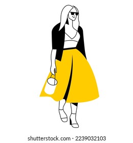 vector flat design trendy linear illustration beautiful stylish woman in long midi skirt. street style, fashion. useful for web, graphic design, print, clothing stores, postcard, poster. 2d people.