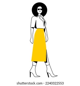 vector flat design trendy linear illustration beautiful stylish woman with african puff hairstyle in trendy clothes. street style, fashion. useful for web, graphic design, print, card, poster, banner