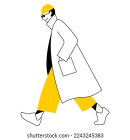 vector flat design trendy linear image stylish modern man, guy, boy, student, teenager walking down the street. street style. useful for web, graphic design, print, card, poster, flyer. 2d people.