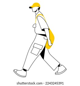 vector flat design trendy linear image stylish modern man, guy, boy, student, teenager walking down the street. street style. useful for web, graphic design, print, card, poster, flyer. 2d people.