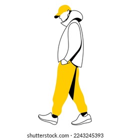 vector flat design trendy linear image stylish modern man, guy, boy, student, teenager walking down the street. street style. useful for web, graphic design, print, card, poster, flyer. 2d people.