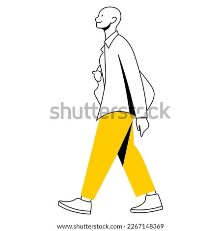 vector flat design trendy linear image stylish modern man, guy, boy, student, teenager walking down the street. street style. useful for web, graphic design, print, card, poster, flyer. 2d people.