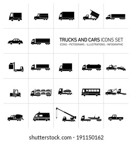 vector flat design trucks and cars transportation and shipping icons set modern black illustrations isolated on white background