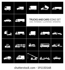 vector flat design trucks and cars transportation and shipping icons set modern white illustrations isolated on black background