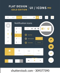 Vector flat design ui kit for webdesign / flat ui kit design set for web design. Menu, social bar, icons in gold color.