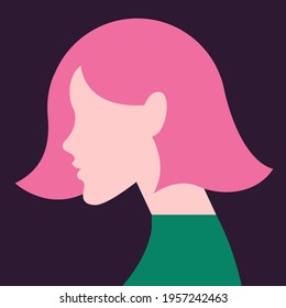 vector flat design ultra minimalist illustration of a beautiful young woman who is turned in profile with a trendy hairstyle in trendy colors. image is isolated. can be used for advertising purposes.