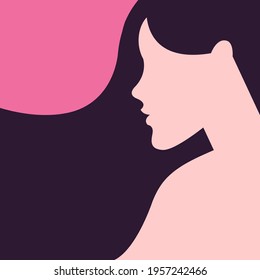 vector flat design ultra minimalist illustration of a beautiful young woman who is turned in profile with a trendy hairstyle in trendy colors. image is isolated. can be used for advertising purposes.