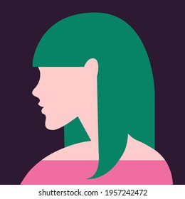 vector flat design ultra minimalist illustration of a beautiful young woman who is turned in profile with a trendy hairstyle in trendy colors. image is isolated. can be used for advertising purposes.