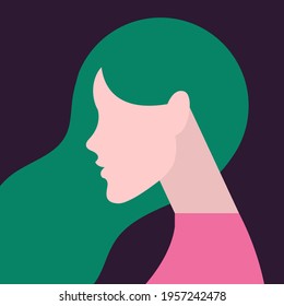 vector flat design ultra minimalist illustration of a beautiful young woman who is turned in profile with a trendy hairstyle in trendy colors. image is isolated. can be used for advertising purposes.