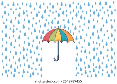 Vector flat design of umbrella under the rain with soft blue drops, cartoon pastel style for baby shower decorations, children’s storybook themes, and weather-related graphics
