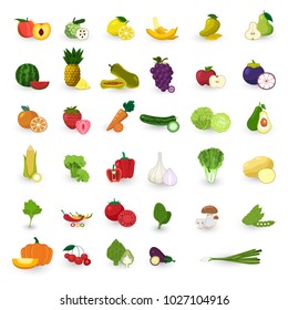 Vector Flat design Vegetables And Fruits Object Icons Set In Flat Style. Healthy And Vegetarian Food Collection.