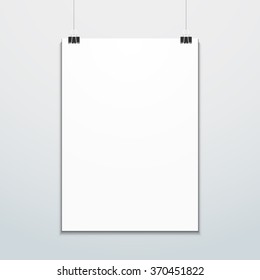 vector flat design vertical white empty poster suspended on office clamps mock up shadow isolated background 