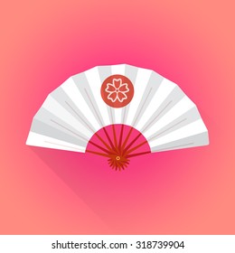 vector flat design white color japan hand-held fan with red circle flower sakura illustration on rep pink background long shadow
