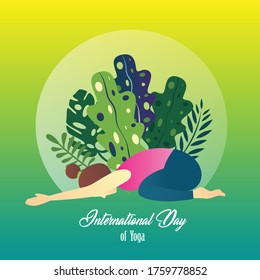 Vector of flat design woman on Balasana yoga movement to celebrate International Yoga Day.