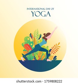 Vector of flat design woman on Warrior 1 pose yoga to celebrate International Yoga Day