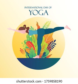 Vector of flat design woman on Virabhadrasana III yoga movement to celebrate International Yoga Day.