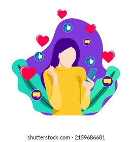 Diseño de vectores planos de una mujer jugando al teléfono celular.  Puedes usar diseños de banners y medios sociales