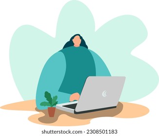 a vector, flat design of woman that use laptop for work