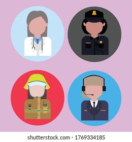 Vector flat design, women's work and their outstanding profession, female doctor illustration, female police illustration, female firefighter illustration, female pilot illustration.