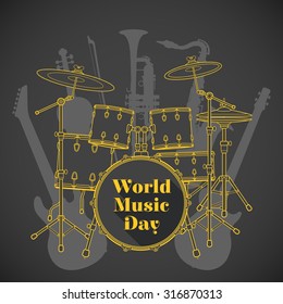 vector flat design world music day poster illustration yellow drum set electro bass guitars saxophone violin trumpet brown background
