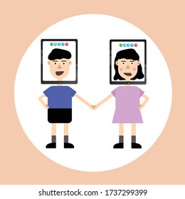 Vector flat design the world of new normal which everybody meet and talk through video call and social media to maintain physical distancing after corona virus pandemic