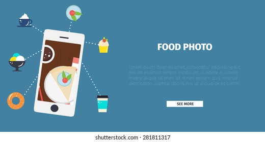 Vector flat digital food background. Smartphone and food icons.