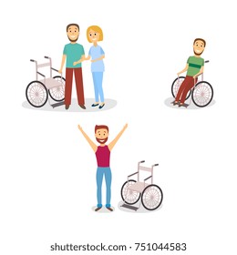 vector flat disabled men sitting in wheelchair smiling, walking with help of doctor therapist and standing raising hands set. concept of rehabilitation, physical cure and trauma. isolated illustration
