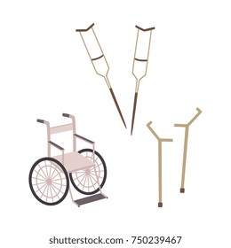 vector flat disabled people with handicap equipment, accessory for invalids set. Monility ads collection - wheelchair, crutches and forearm crutches. Isolated illustration on a white background.