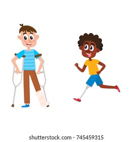 vector flat disabled people set. Cartoon boy standing on crutches with broken leg in plaster and black man running with leg prosthesis. isolated illustration on a white background.