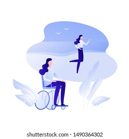 Vector flat disabled person in wheelchair illustration. Female in wheel chair dream about running on beach backgroud. Concept of rehabilitation, fulllife Design element for poster, flyer, card, banner