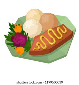 Vector flat dish isolated on white steak beef or pork with rice and vegetables flowers made of carrot and  beet greens sauce roasted grilled meat and vegetables on plates delicious dish rice and meat 