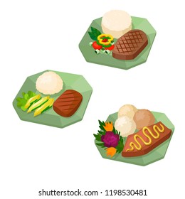 Vector flat dishes isolated on white steak beef or pork with rice and vegetables bellpepper tomato salad greens sauce roasted grilled meat and vegetables on plates delicious dishes rice and meat 