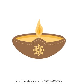 Vector Flat Diya Oil Lamp In Clay Pot. An Offering For Gods In Hinduism. Worship For Diwali. Holiday Of Light. Dipawali Aarti Candle Isolated On White.