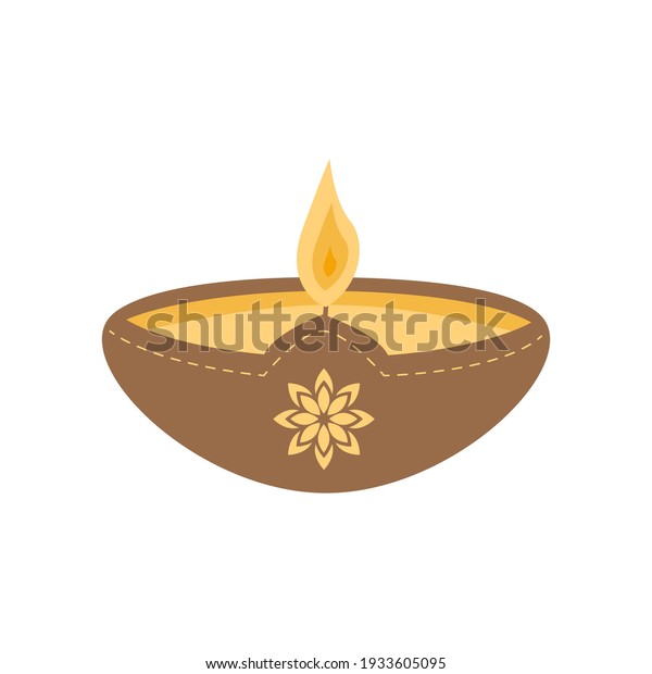 Vector flat Diya oil lamp in clay pot.
An offering for gods in Hinduism. Worship for Diwali. Holiday of
Light. Dipawali Aarti candle isolated on
white.