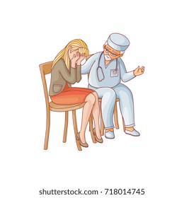 vector flat doctor calming down woman in red skirt crying sitting at chair. Unhappy female character suffering from grief. Isolated illustration on a white background. Mental illness concept