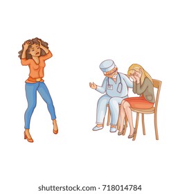 vector flat doctor calming down woman in red skirt crying sitting at chair suffering from grief, girl holding her head set. Isolated illustration on a white background. Mental illness concept