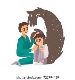 vector flat doctor calming down man suffering from depression, fear, male character sitting holding knees, monster shadow behind. Isolated illustration on a white background. Mental illness concept