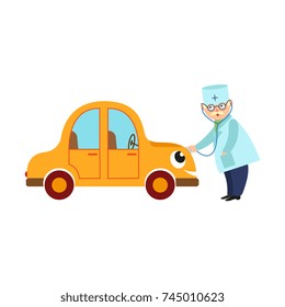 vector flat doctor mechanic, grey-haired man in medical clothing holding stethoscope going to treat smiling yellow car character testing its lungs. Isolated illustration on a white background.