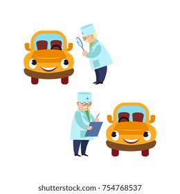 vector flat doctor mechanic and humanized car with eyes scenes set. Grey-haired man in medical clothing holding clipboard, another character looking throgh big amplifier glass. Isolated illustration