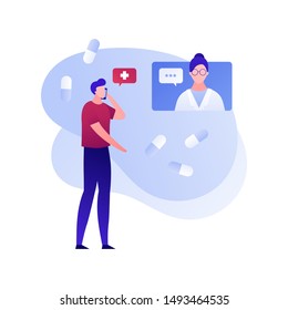 Vector flat doctor patient online conversation illustration. Male talking with girl medic on screen by phone with pill background. Concept of tele medicine. Design element for poster, web