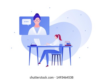 Vector flat doctor patient online conversation illustration. Female sitting and talking with medic on screen by laptop isolated on white. Concept of tele medicine. Design element for poster, web