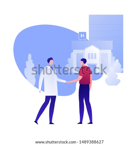 Vector flat doctor and patient person illustration. Medic and male handshake on hospital building background. Concept of cooperation, meeting, checkup. Design element for poster, flyer, card, banner