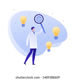 Vector flat doctor scientist person illustration. Male holding magnifier glass and lamp idea symbol. Concept of discovery, genuis researcher. Design element for poster, flyer, card, banner