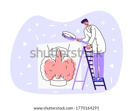 Vector flat doctor standing on ladder, who looks at enlarged thyroid gland through magnifying glass. Concept diagnostics in endocrinology, science, thyroiditis, goiter, hormones, treatment.