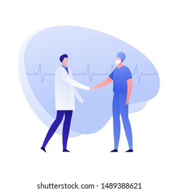 Vector flat doctor team person illustration. Therapist and surgeon handshake on heartbeat shape background. Concept of cooperation, conference. Design element for poster, flyer, card, banner