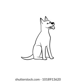 Vector flat dog silhouette, line icon. Puppy cute animal sitting sticking out tongue. Isolated illustration on a white background.